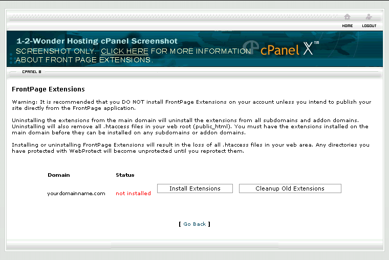 Screenshot of cPanel FrontPage Extensions Manager